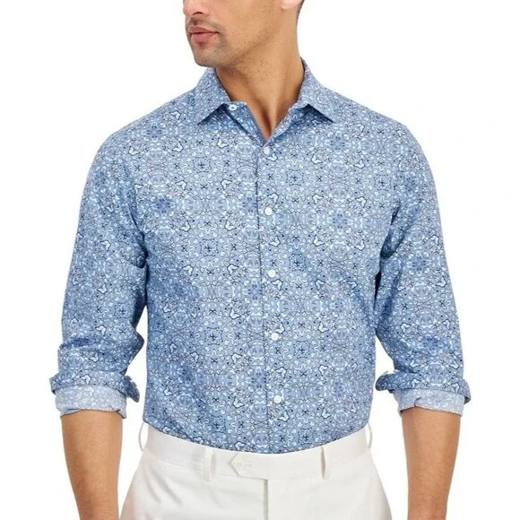 Bar III Men's Slim-Fit Stretch Butterfly Pattern Dress Shirt Blue Size M 15-15.5 - Picture 2 of 9